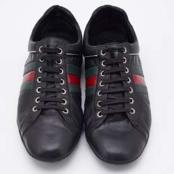 Gucci Black Leather Web Detail Low Top Sneakers Size 42.5