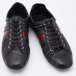 Gucci Black Leather Web Detail Low Top Sneakers Size 42.5
