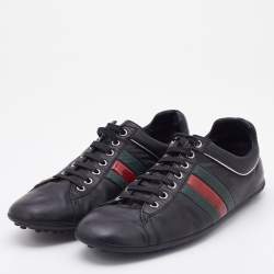 Gucci Black Leather Web Detail Low Top Sneakers Size 42.5