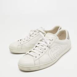 Pre Owned Gucci White Perforated Interlocking G Leather Ace Sneakers Size 43.5