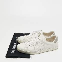 Pre Owned Gucci White Perforated Interlocking G Leather Ace Sneakers Size 43.5