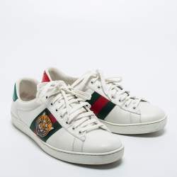 Pre Owned Gucci White Leather Tiger Applique Ace Sneakers Size 39.5
