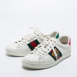 Pre Owned Gucci White Leather Tiger Applique Ace Sneakers Size 39.5