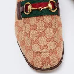 Gucci Brown/Beige GG Canvas and Leather Horsebit Web Loafers Size 41