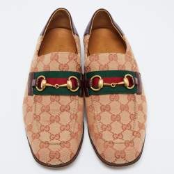 Gucci Brown/Beige GG Canvas and Leather Horsebit Web Loafers Size 41