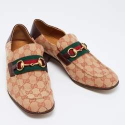 Gucci Brown/Beige GG Canvas and Leather Horsebit Web Loafers Size 41