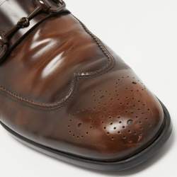 Gucci Brown Brogue Wingtip Leather Horsebit Loafers Size 44.5