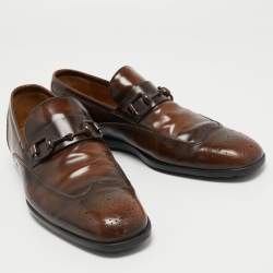 Gucci Brown Brogue Wingtip Leather Horsebit Loafers Size 44.5