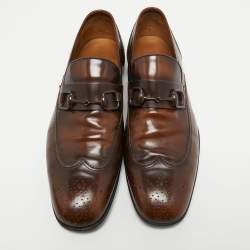Gucci Brown Brogue Wingtip Leather Horsebit Loafers Size 44.5