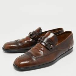Gucci Brown Brogue Wingtip Leather Horsebit Loafers Size 44.5