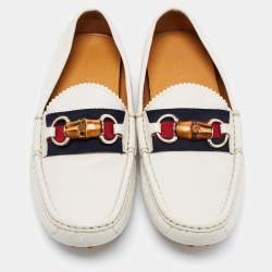 مملوكة مسبقًا Gucci White Leather Web Bamboo Horsebit Loafers Size 40