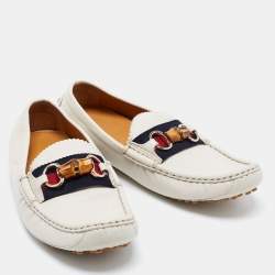 مملوكة مسبقًا Gucci White Leather Web Bamboo Horsebit Loafers Size 40