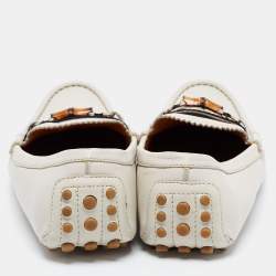 مملوكة مسبقًا Gucci White Leather Web Bamboo Horsebit Loafers Size 40
