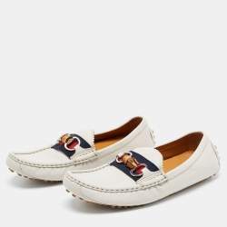 مملوكة مسبقًا Gucci White Leather Web Bamboo Horsebit Loafers Size 40