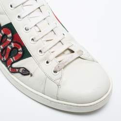 Pre Owned Gucci White Leather Ace Embroidered Snake Sneakers Size 42