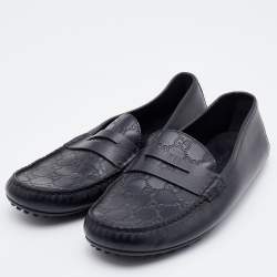 Pre Owned Gucci Black Guccissima Leather Penny Slip On Loafers Size 42