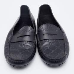 Pre Owned Gucci Black Guccissima Leather Penny Slip On Loafers Size 42