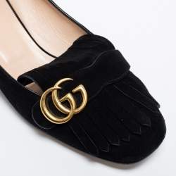 Pre Owned Gucci Black Suede GG Marmont Fringe Loafers Size 42