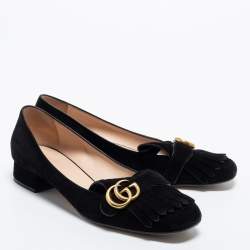 Pre Owned Gucci Black Suede GG Marmont Fringe Loafers Size 42