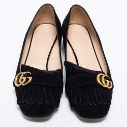 Pre Owned Gucci Black Suede GG Marmont Fringe Loafers Size 42