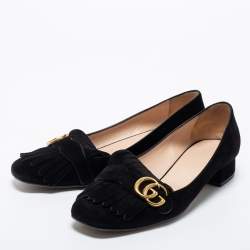 Pre Owned Gucci Black Suede GG Marmont Fringe Loafers Size 42