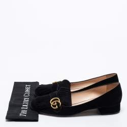 Pre Owned Gucci Black Suede GG Marmont Fringe Loafers Size 42