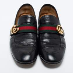 Pre Owned Gucci Black Leather GG Marmont Web Loafers Size 40