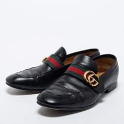 Pre Owned Gucci Black Leather GG Marmont Web Loafers Size 40