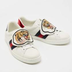 Pre Owned Gucci White Leather New Ace Tiger Strap Sneakers Size 43