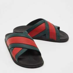Pre Owned Gucci Red/Green Web Rubber Slides Size 45