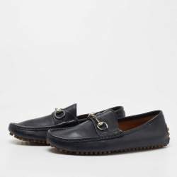 Gucci Navy Blue Leather Horsebit Driver Loafers Size 41
