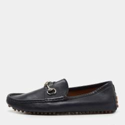 Gucci Navy Blue Leather Horsebit Driver Loafers Size 41