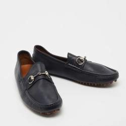 Gucci Navy Blue Leather Horsebit Driver Loafers Size 41
