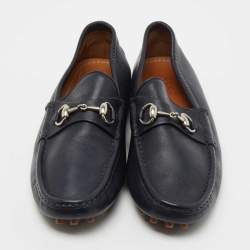 Gucci Navy Blue Leather Horsebit Driver Loafers Size 41