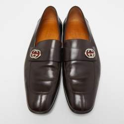 Pre Owned Gucci Dark Brown Leather Interlocking G Slip On Loafers Size 39.5