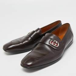 Pre Owned Gucci Dark Brown Leather Interlocking G Slip On Loafers Size 39.5