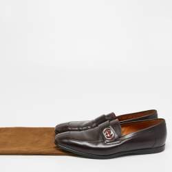 Pre Owned Gucci Dark Brown Leather Interlocking G Slip On Loafers Size 39.5