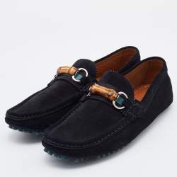 Gucci Black Suede Bamboo Slip On Loafers Size 41