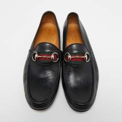 Gucci Black Leather Web Horsebit Loafers Size 41.5
