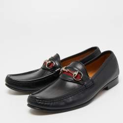 Gucci Black Leather Web Horsebit Loafers Size 41.5