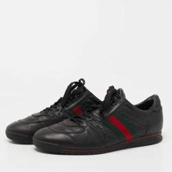 Gucci Black Microguccissima Leather Web Low Top Sneakers Size 44.5