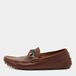 Gucci Brown Leather Web Horsebit Loafers Size 41.5