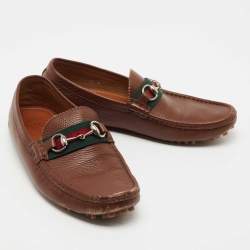 Gucci Brown Leather Web Horsebit Loafers Size 41.5