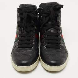 Gucci Black Guccissima Leather Web High Top Sneakers Size 42 