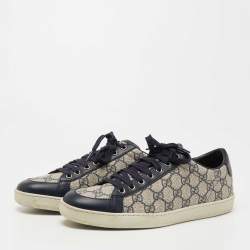 Gucci Navy Blue/Grey Leather and Coated Canvas GG Low Top Sneakers Size 40