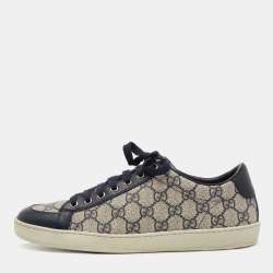 Gucci Navy Blue/Grey Leather and Coated Canvas GG Low Top Sneakers Size 40