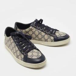 Gucci Navy Blue/Grey Leather and Coated Canvas GG Low Top Sneakers Size 40