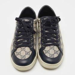 Gucci Navy Blue/Grey Leather and Coated Canvas GG Low Top Sneakers Size 40