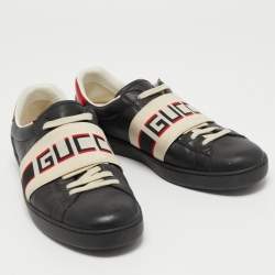 Gucci Black Leather Logo Elastic Band Ace Sneakers Size 44.5