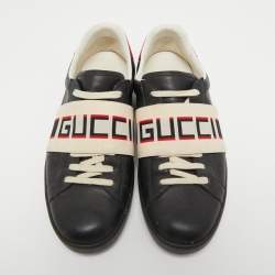 Gucci Black Leather Logo Elastic Band Ace Sneakers Size 44.5